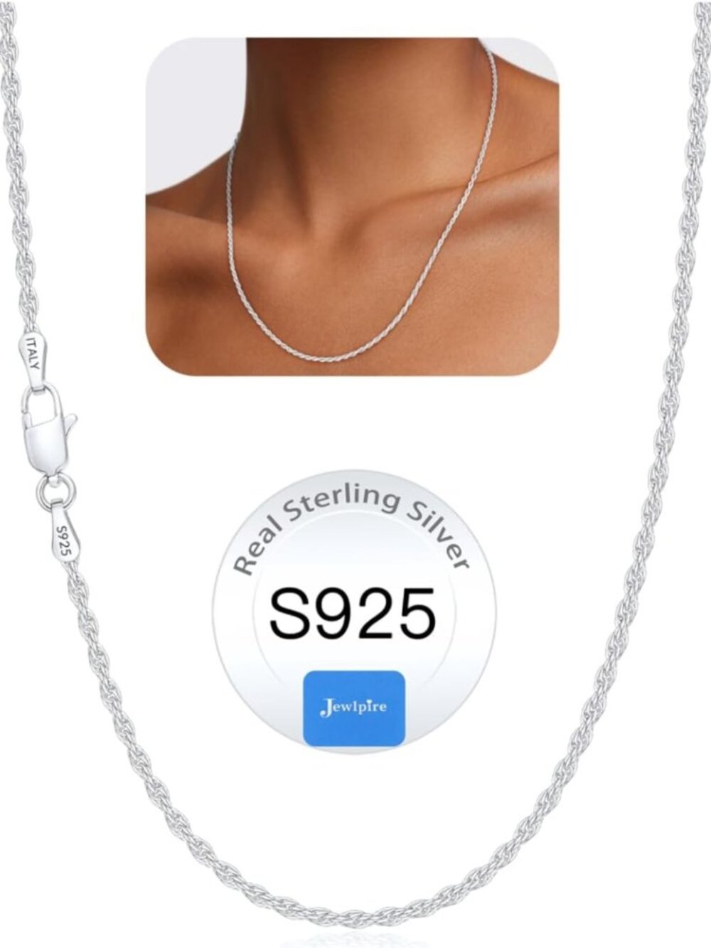 Sterling Silver Rope Chain Necklace for Women - 1.5mm & 2mm, 16-26 Inch Lengths